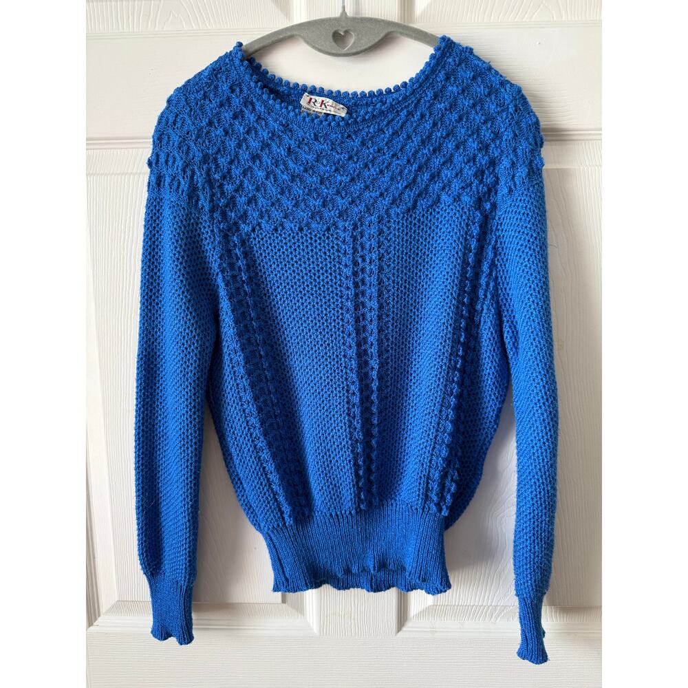 Vintage R&K Knits Sapphire Blue Textured Sweater 70s 80s Cropped Fit Est Size S - Picture 4 of 8